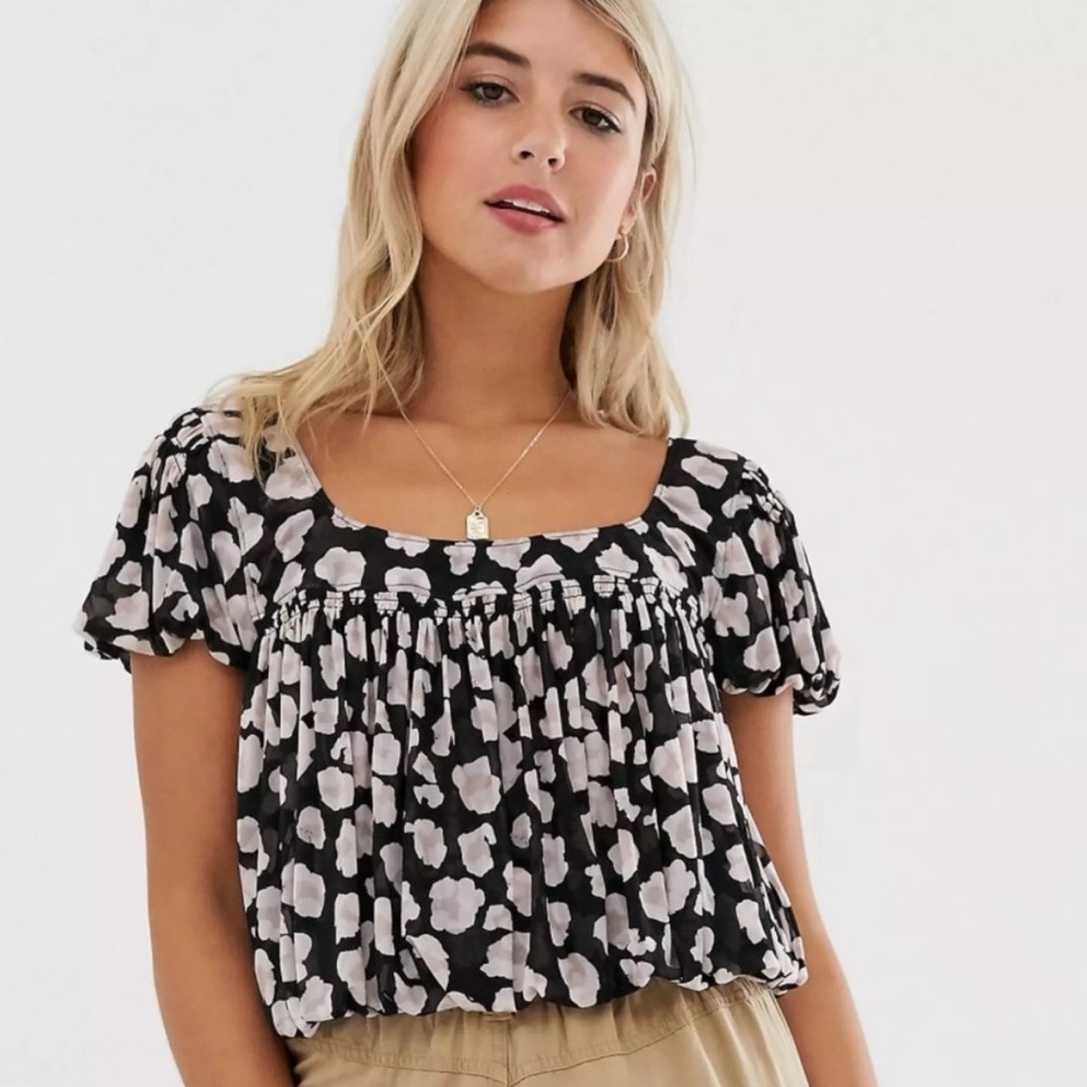 Free People Megs Leopard Animal Print Smocked Pleated Mesh Crop Blouson Top SZ L